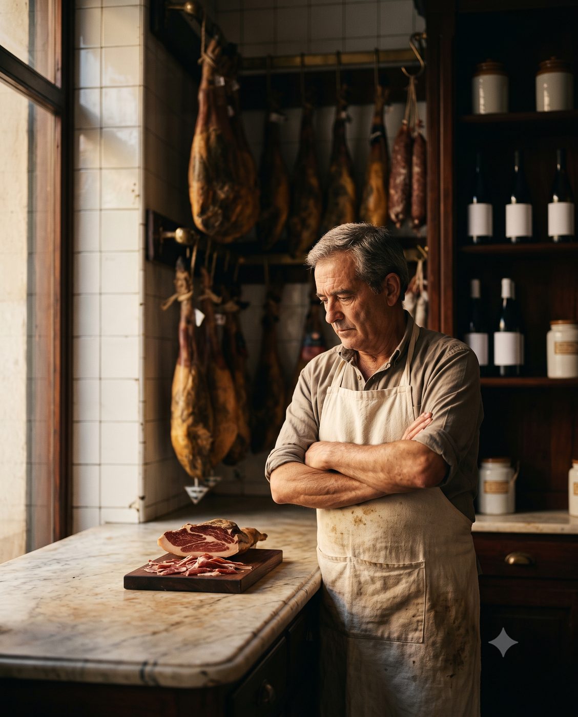 Maestro charcutero cortando jamón